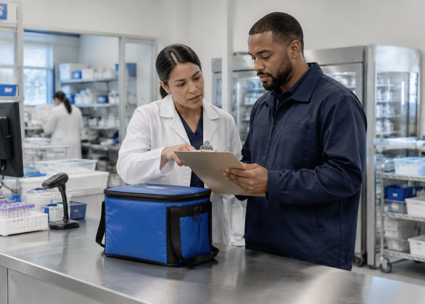Laboratory professional and logistics coordinator reviewing a clipboard beside a specimen transport carrier