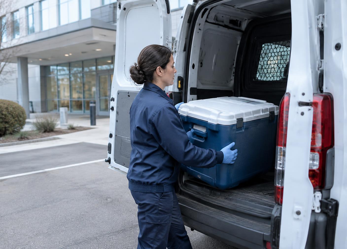 A medical courier loading a specimen transport cooler into a vehicle