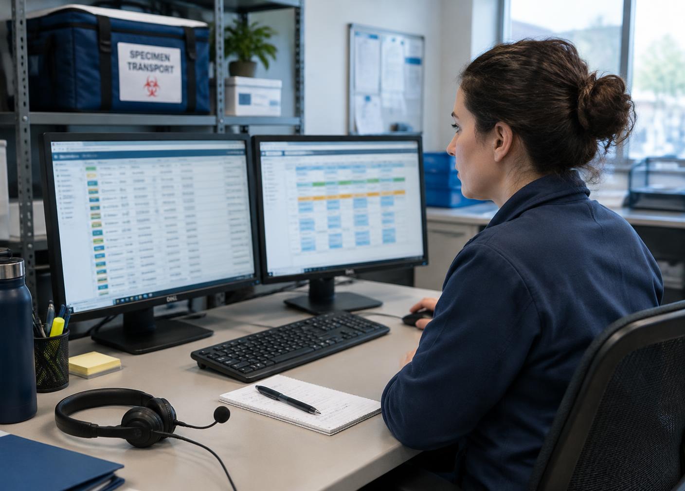 Operations coordinator monitoring pickup and delivery assignments on computer screens