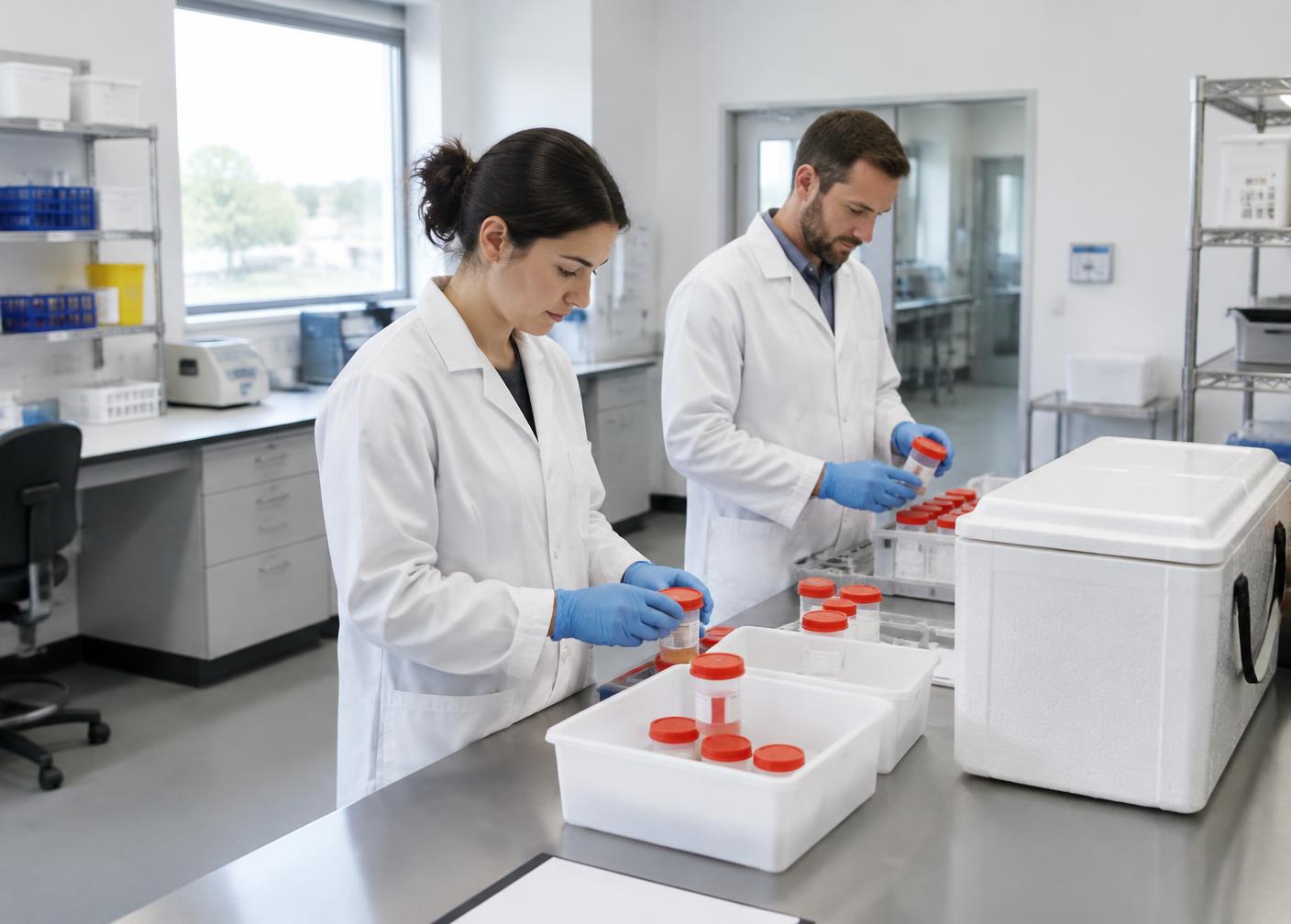 Laboratory professionals preparing sealed specimen containers at a receiving bench