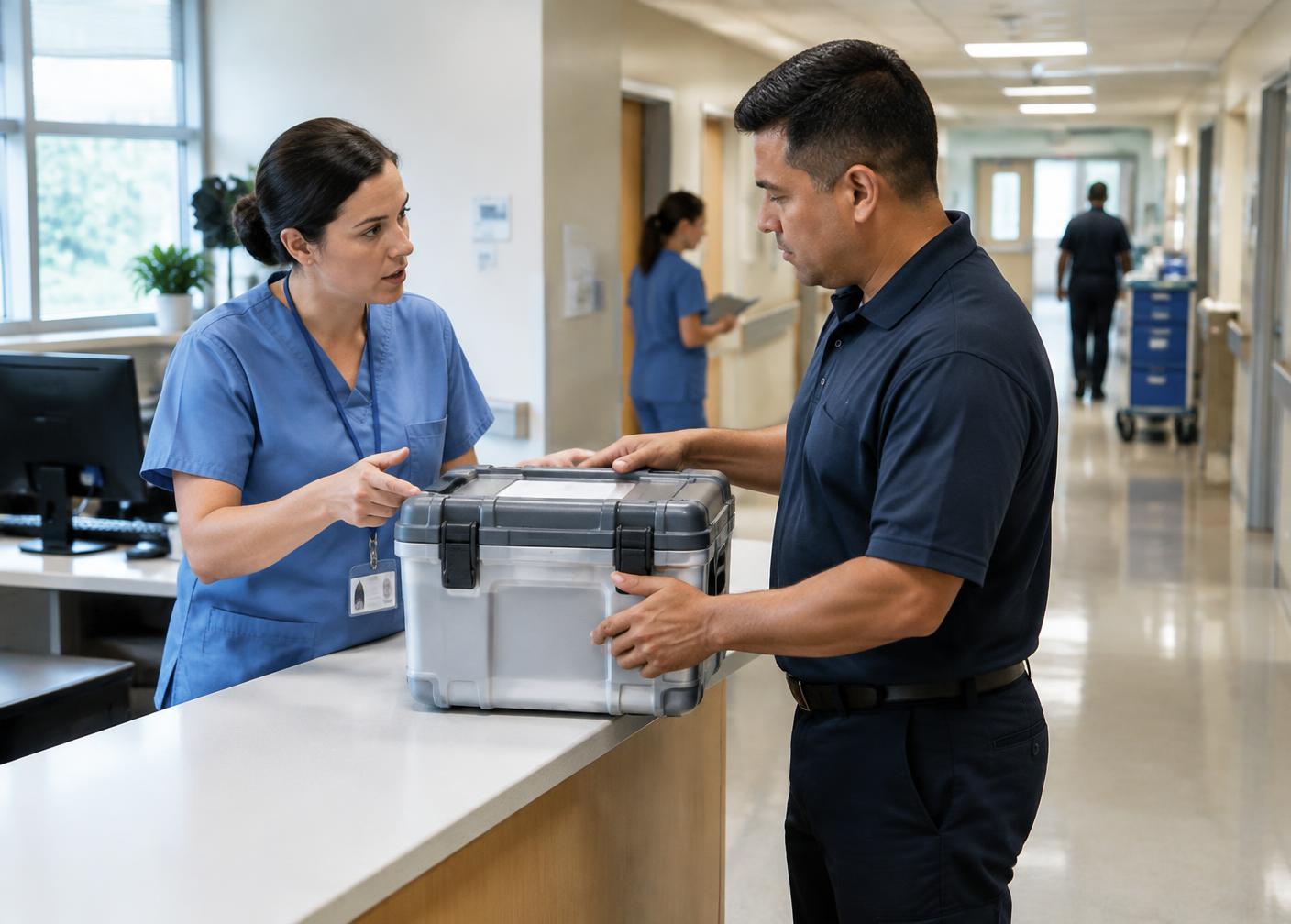 Hospital staff member coordinating a transport-container handoff with a courier