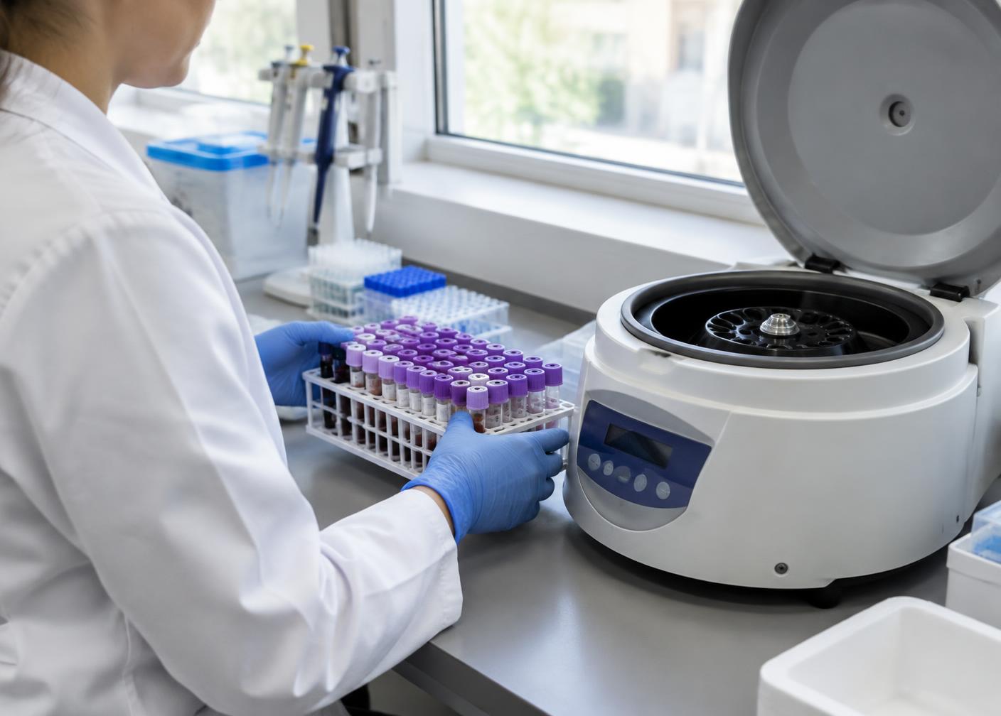 Laboratory technician organizing specimen tubes beside a centrifuge