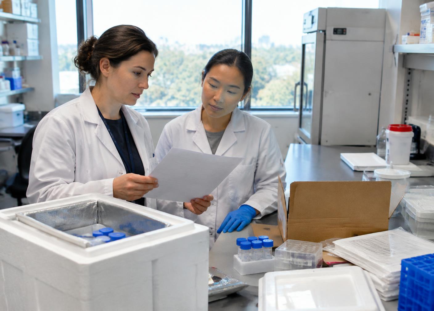 Research laboratory professionals reviewing requirements beside specimen transport packaging