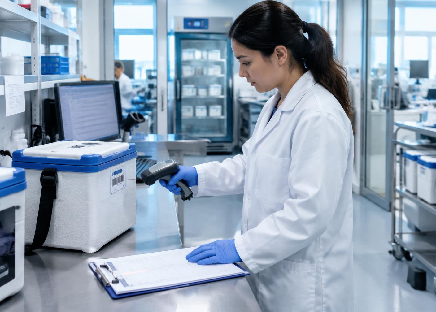 A laboratory technician logging incoming specimen transport containers at a receiving bench