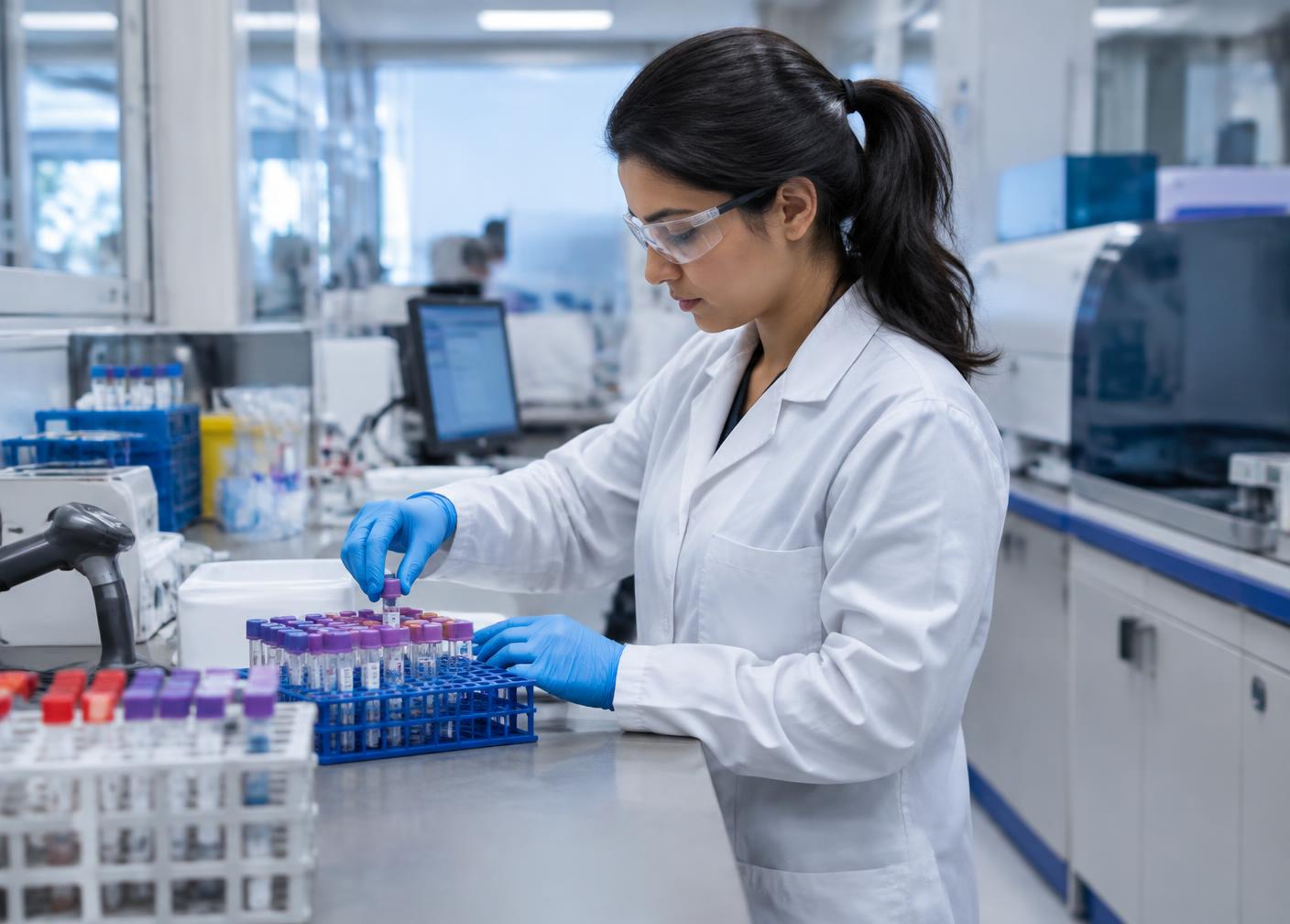 Laboratory professional organizing specimen tubes at a receiving workbench