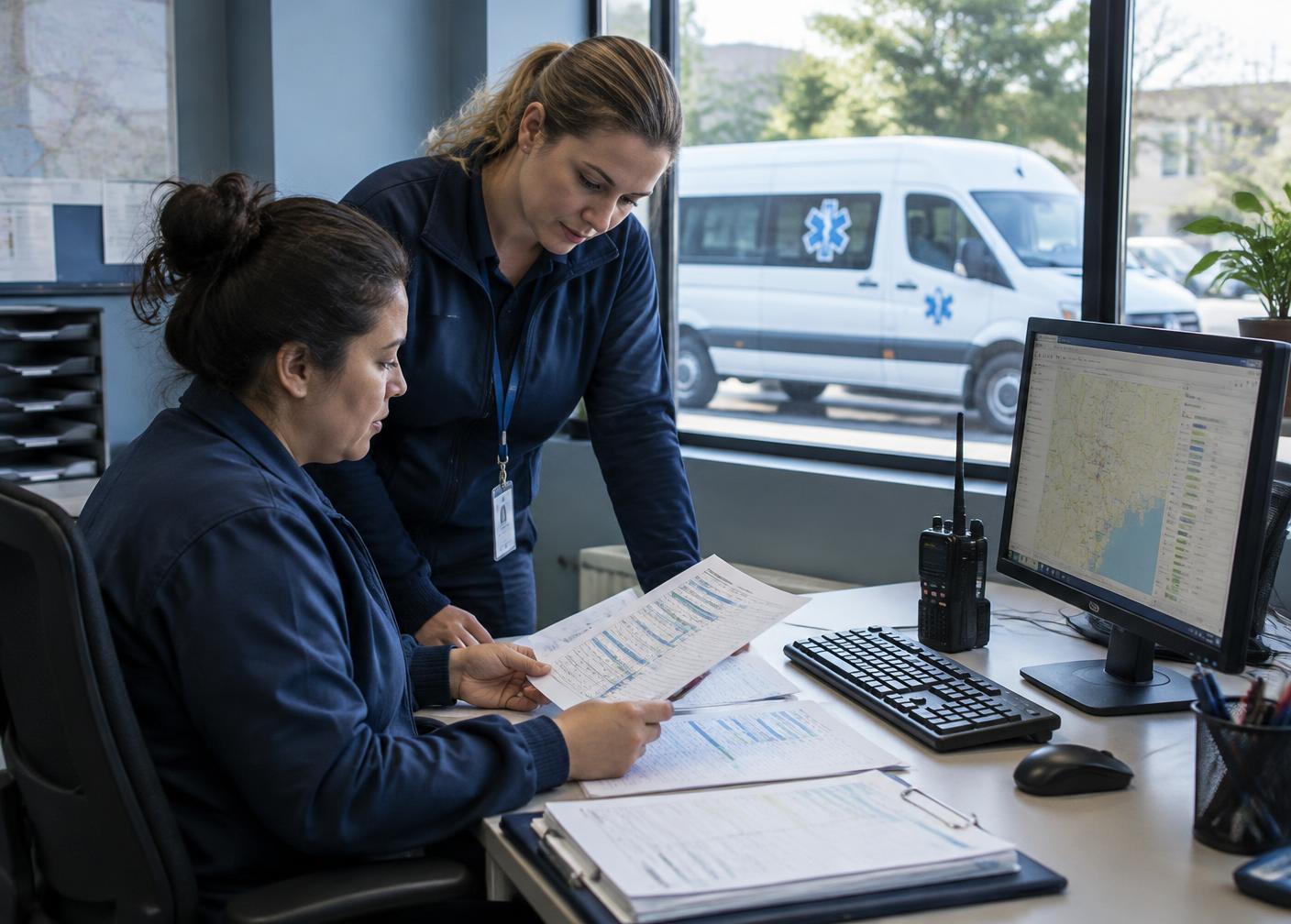Operations coordinators reviewing route schedules at a medical courier dispatch desk