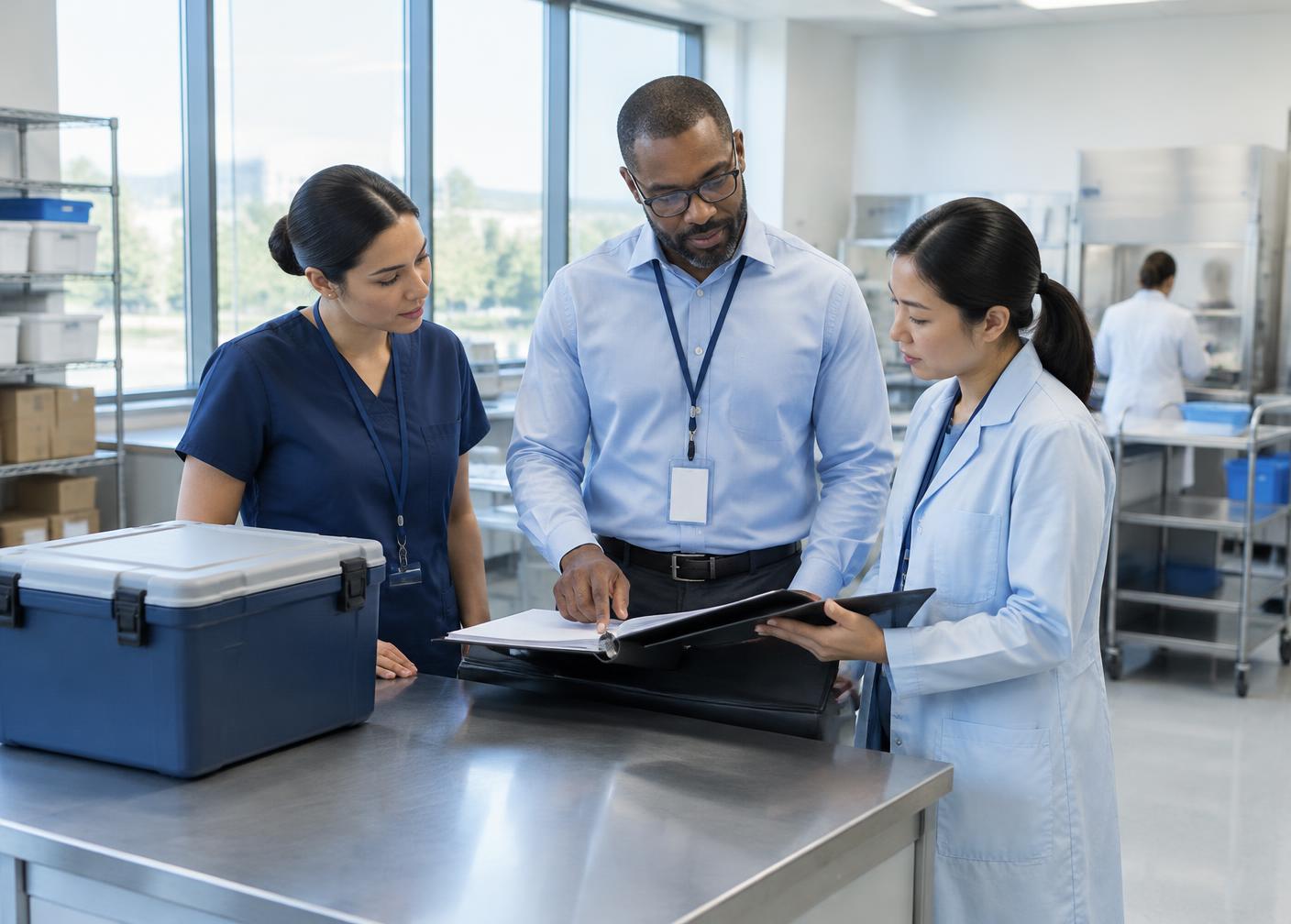 Healthcare professionals reviewing transportation operations together