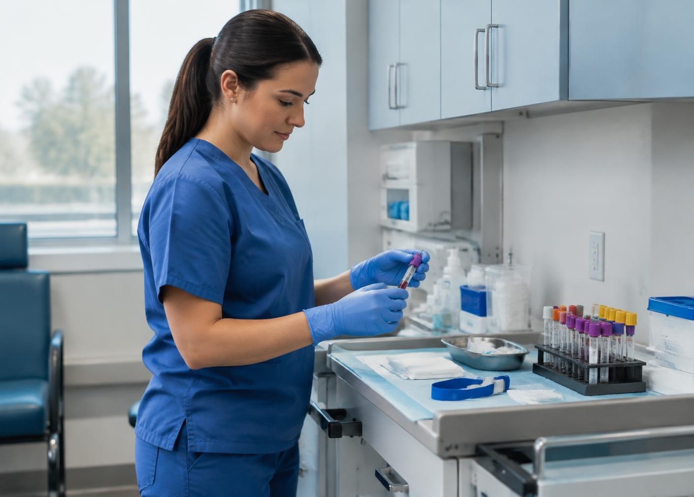 A phlebotomist preparing collection supplies at a draw station