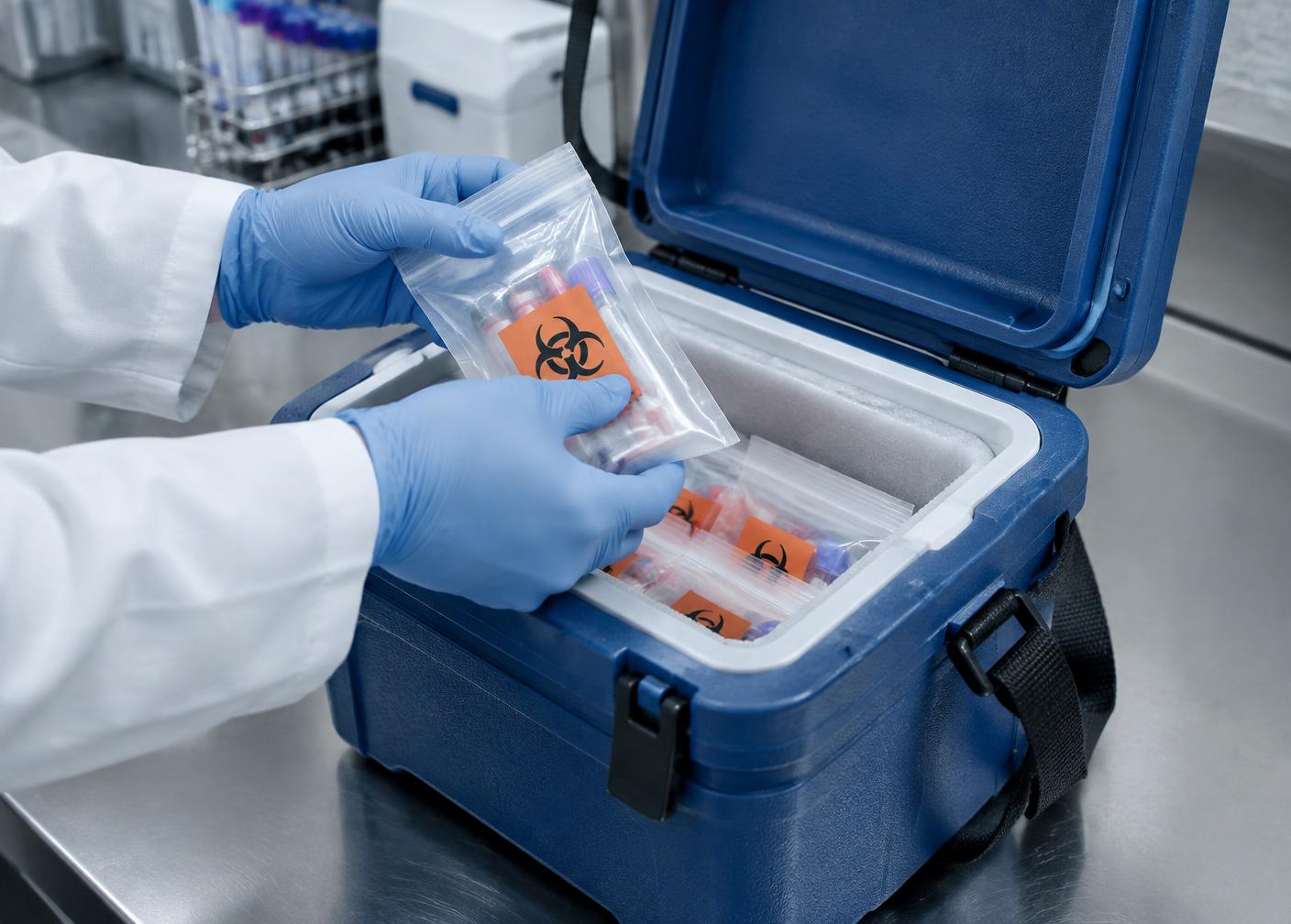 Gloved hands placing a sealed specimen transport bag into an insulated carrier