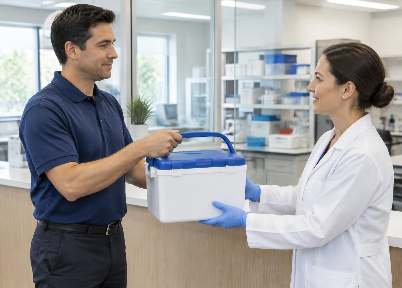 Illustrative scene of a medical courier coordinating a closed specimen cooler handoff with laboratory personnel